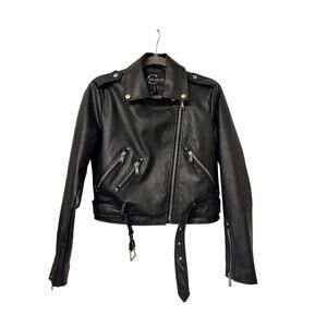 CELSIUS PREMIUM BLACK SILVER BELT ACCENT MOTO BIKER JACKET FULL ZIP WOMENS M